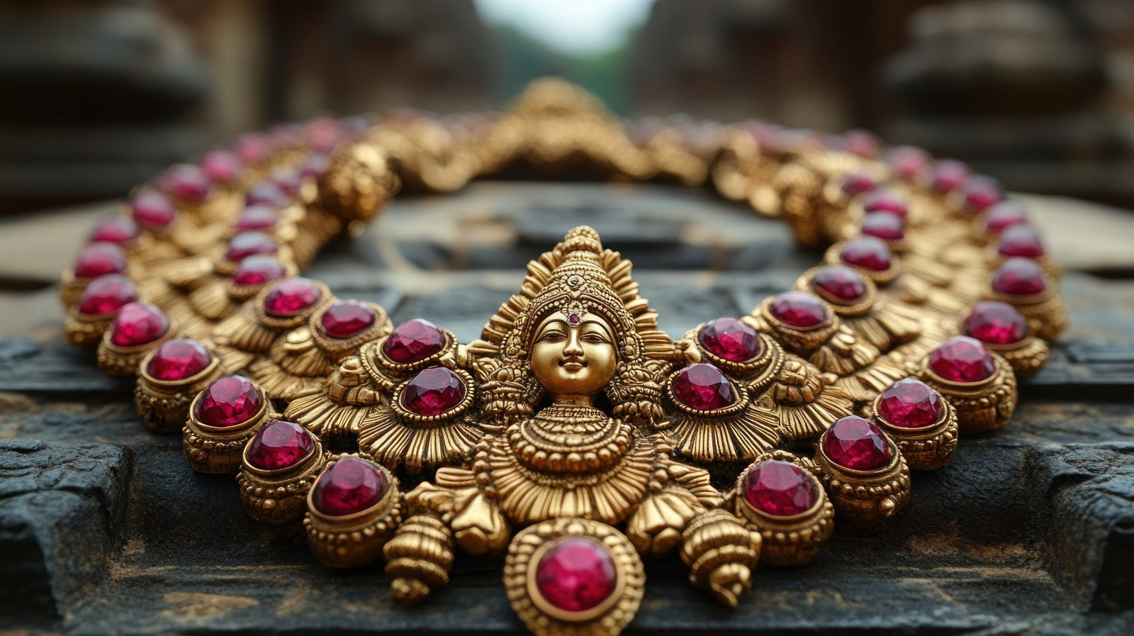 exquisite antique gold necklace with rubies and goddess lakshmi pendant