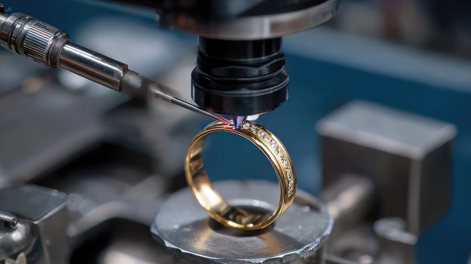 laser engraving machine inscribing details on gold ring surface in workshop