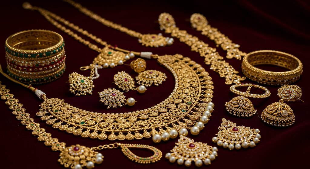 close up of ornate indian bridal jewellery on velvet